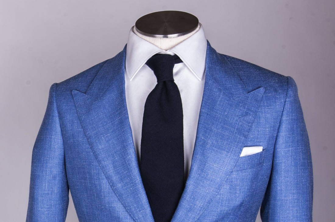 custom denim chambray suit close