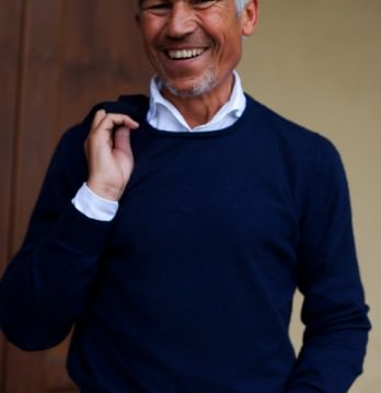 White shirt and blue knit sweater