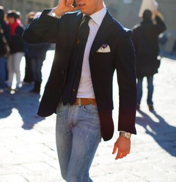 Jeans with shirt and dark coloured dinner jacket