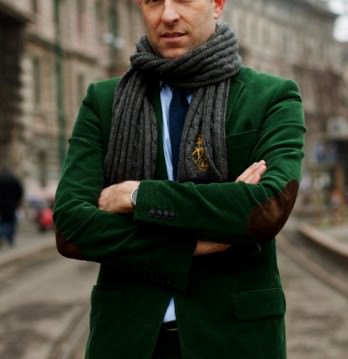 Green cord jacket with brown elbow patches