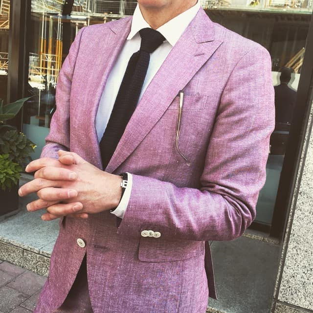 Raspberry Linen Silk Suit. Our own JP here embracing the beautiful natural wrinkles of linen and silk while trying to stay cool from the pairing it up with a Jersey unstructured shirt and knit tie. @jpodgurny1